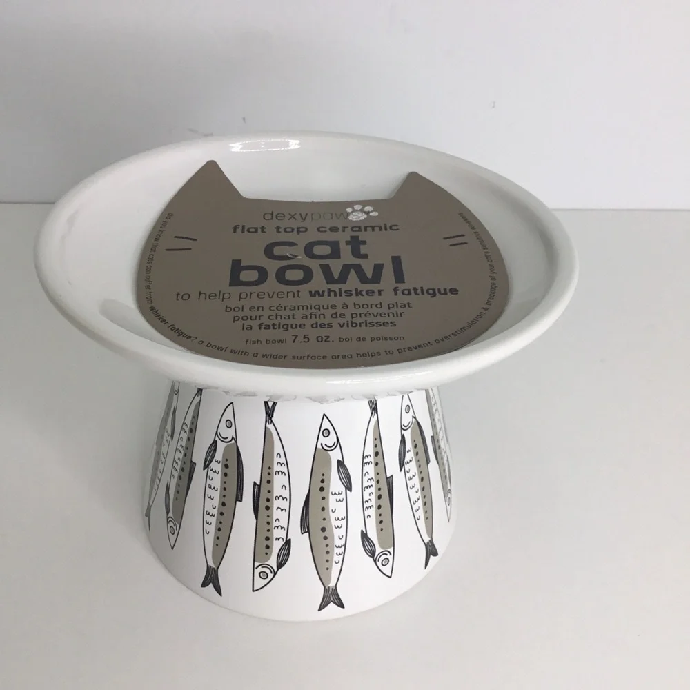 Raised Cat Kitten Food Bowl Elevated White with Fish Images NEW